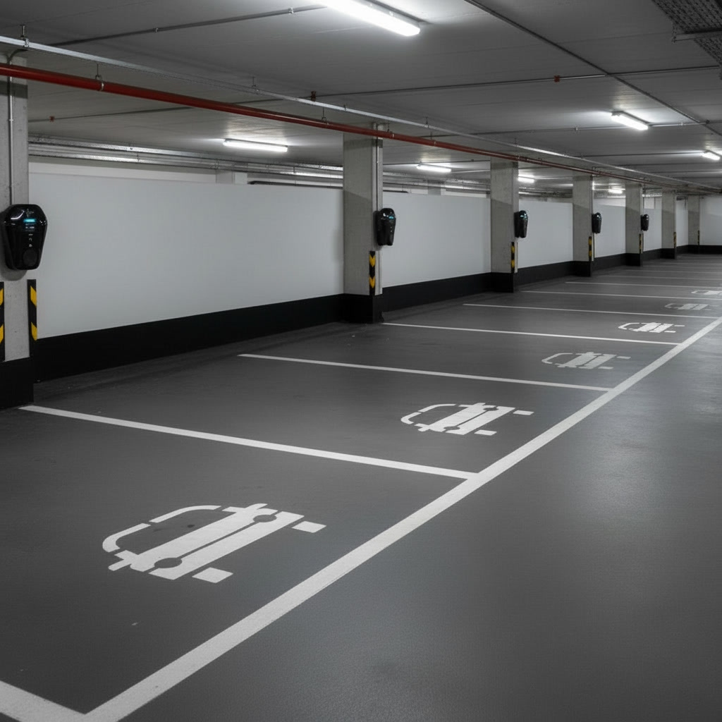 Ladeinfrastruktur für Elektrofahrzeuge in Tiefgarage einer Wohnüberbauung