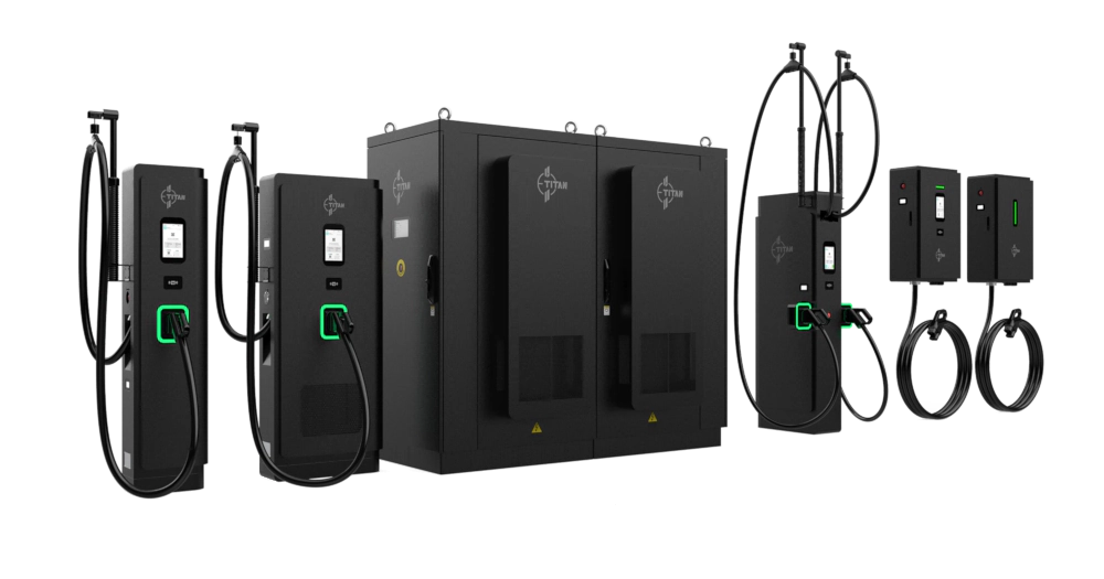 Modulare DC Ladestation, Frontansicht Leistungseinheit und Satelliten für Boden und Deckenmontage