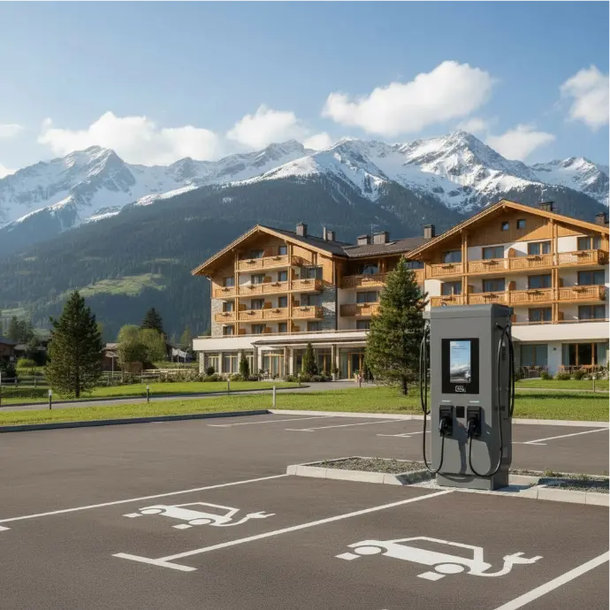 Elektrofahrzeug lädt an Ladestation auf Hotelparkplatz im alpinen Umfeld